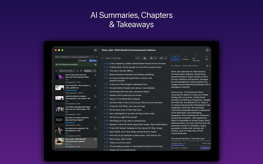 Vidgest AI analysis panel showing summary, chapters, and key takeaways