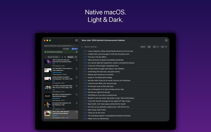Vidgest in dark mode showing transcript library